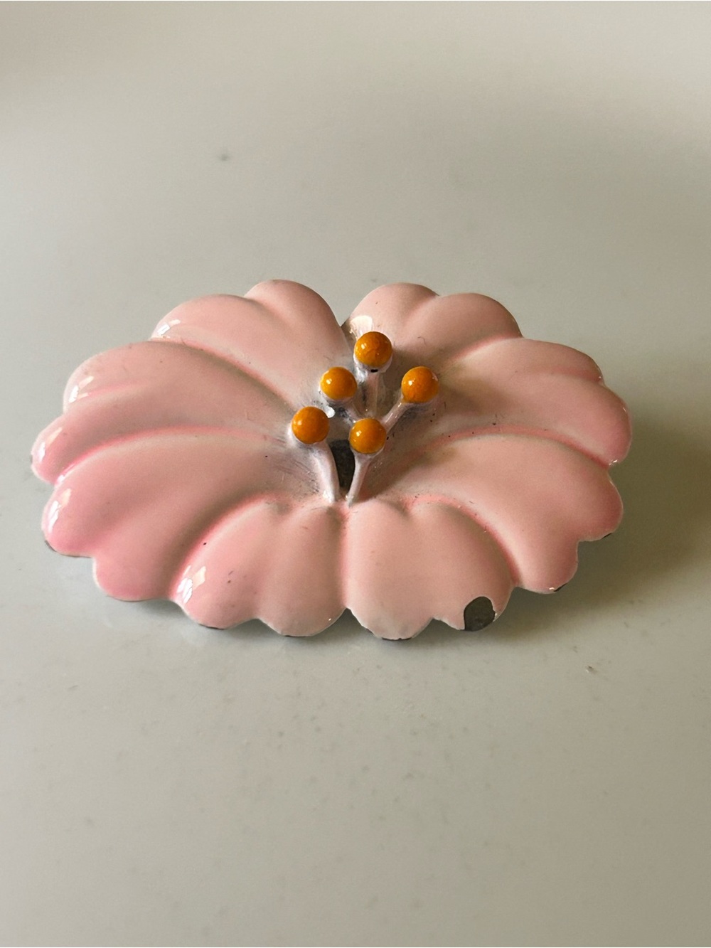 Vintage hibiscus Pink Enamel Floral Brooch with Yellow Center Beads (chip)